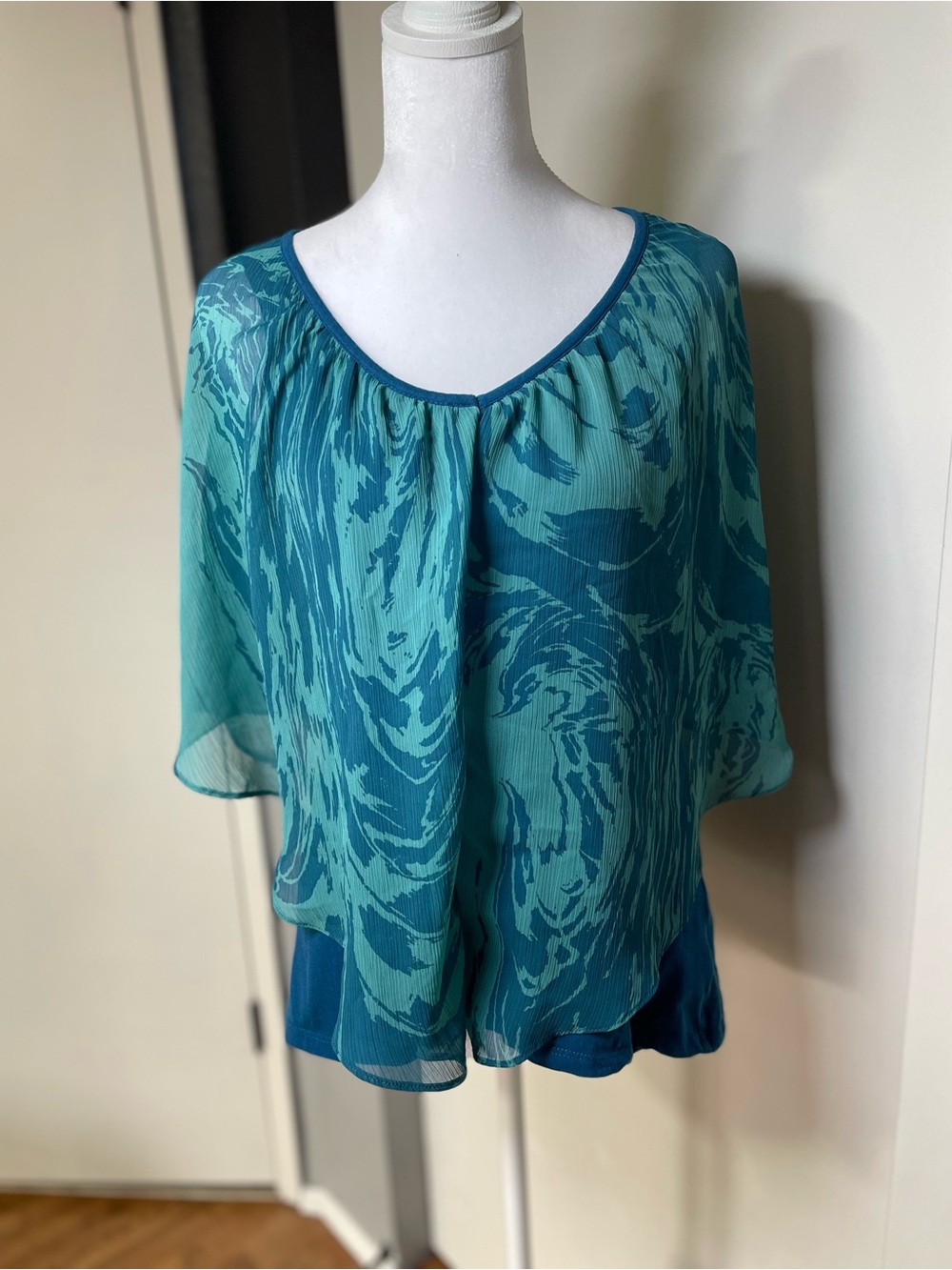 LC Lauren Conrad Teal Wave-Print Sheer Blouse